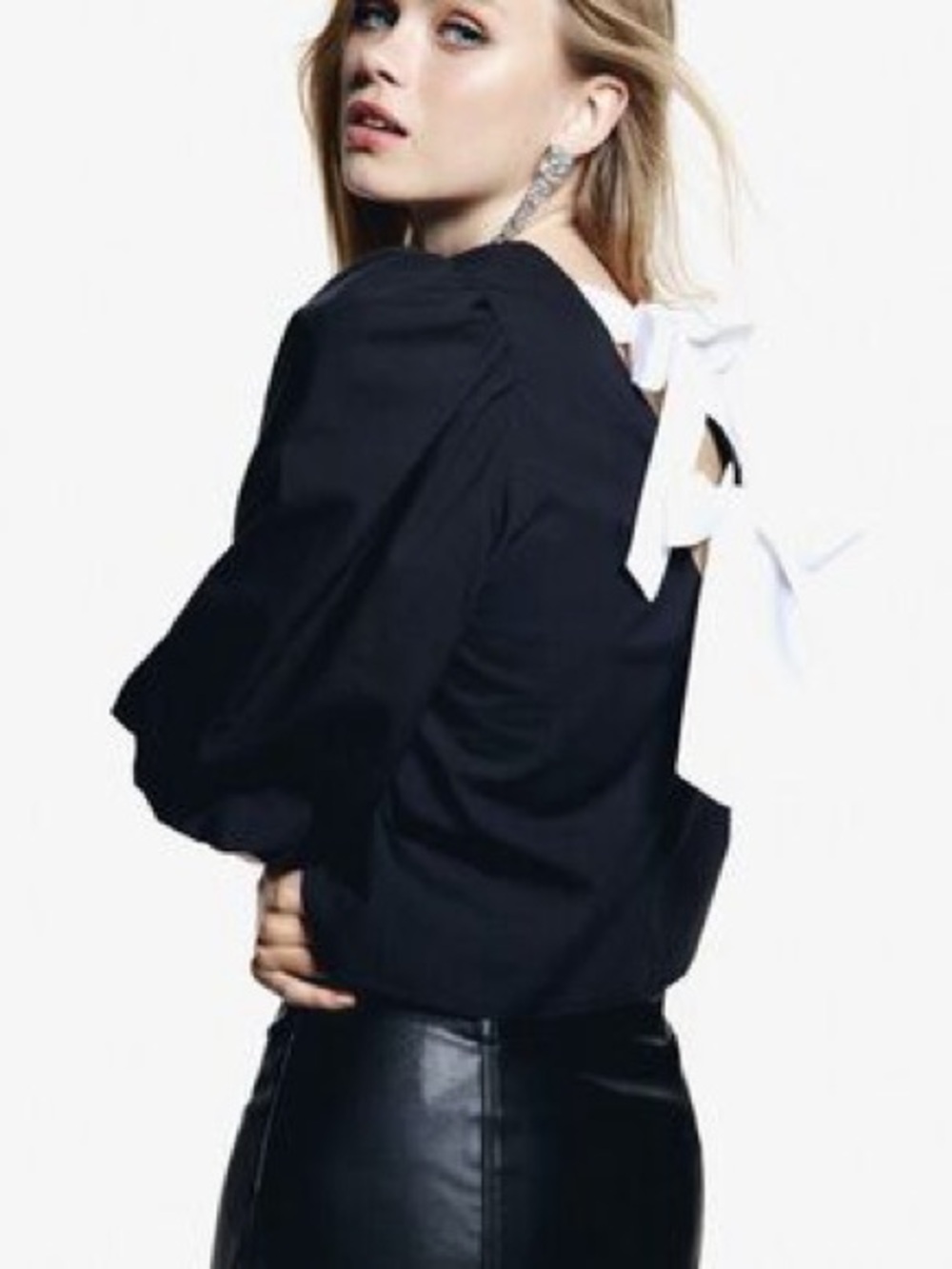 H&M Black Puff-Sleeve Top with White Back Bows